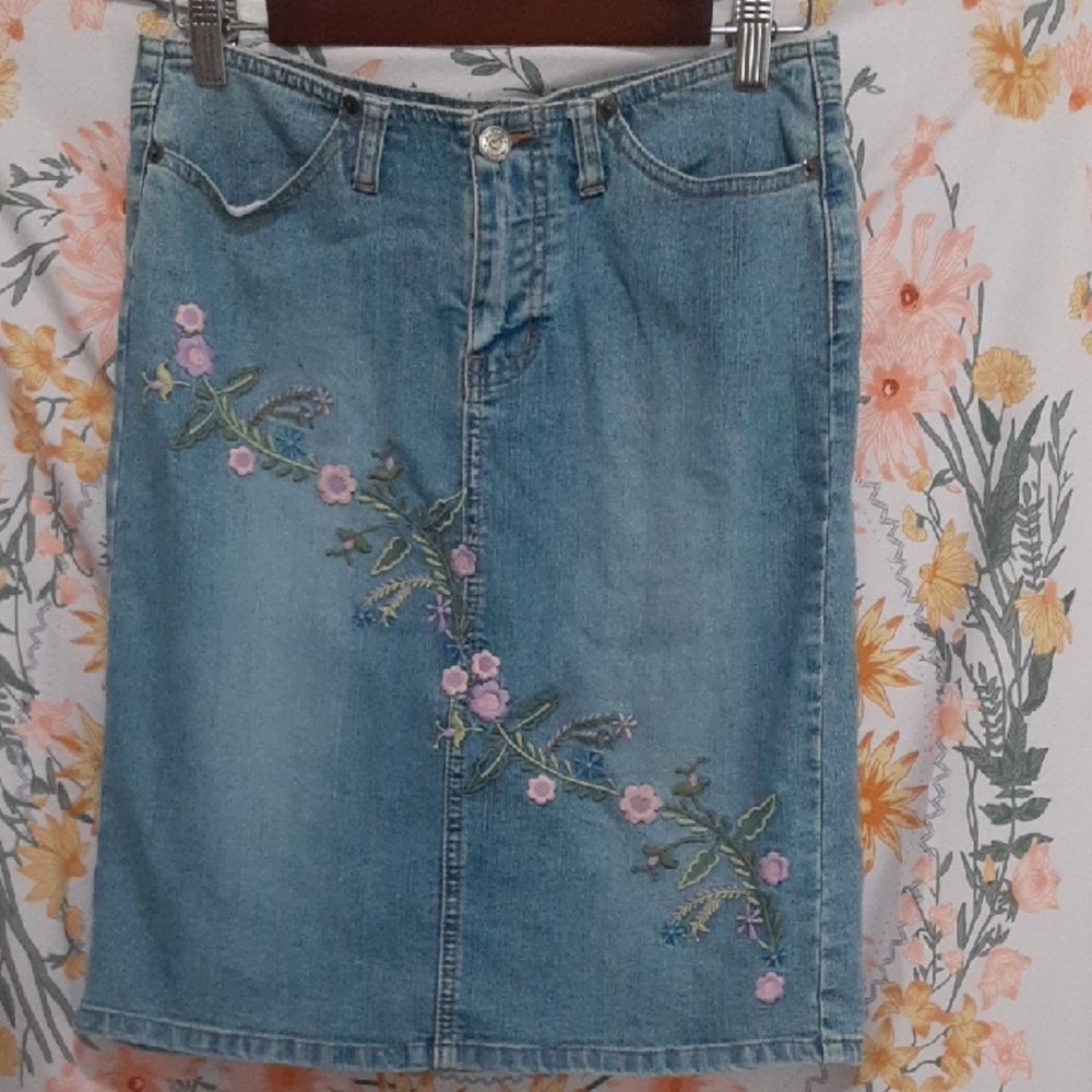 Angels Blue Denim Skirt with Floral Embroidery